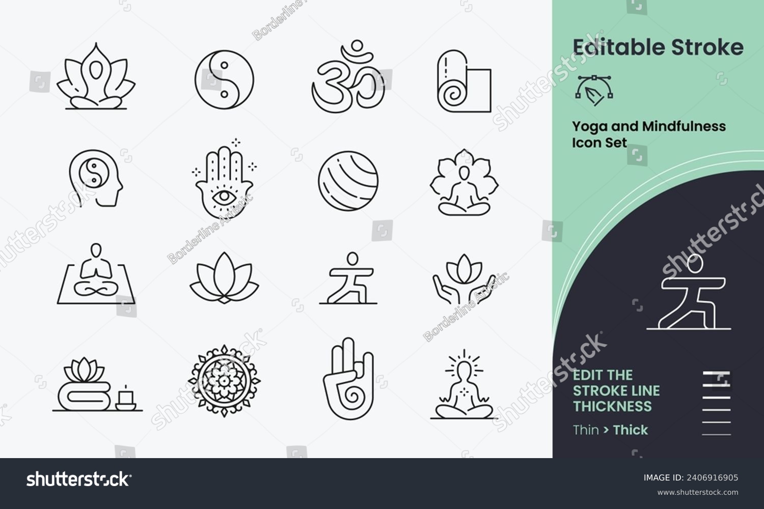 Yoga and Meditation Icon collection containing 16 editable stroke icons. Perfect for logos, stats and infographics. Edit the thickness of the line in any vector capable app. #2406916905
