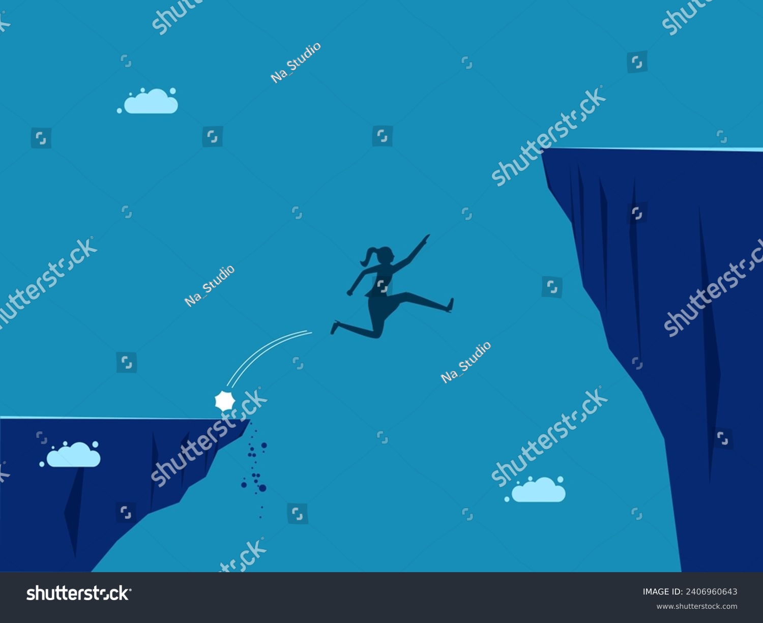 Work incorrectly. Businesswoman unsuccessfully jumps over cliff  #2406960643