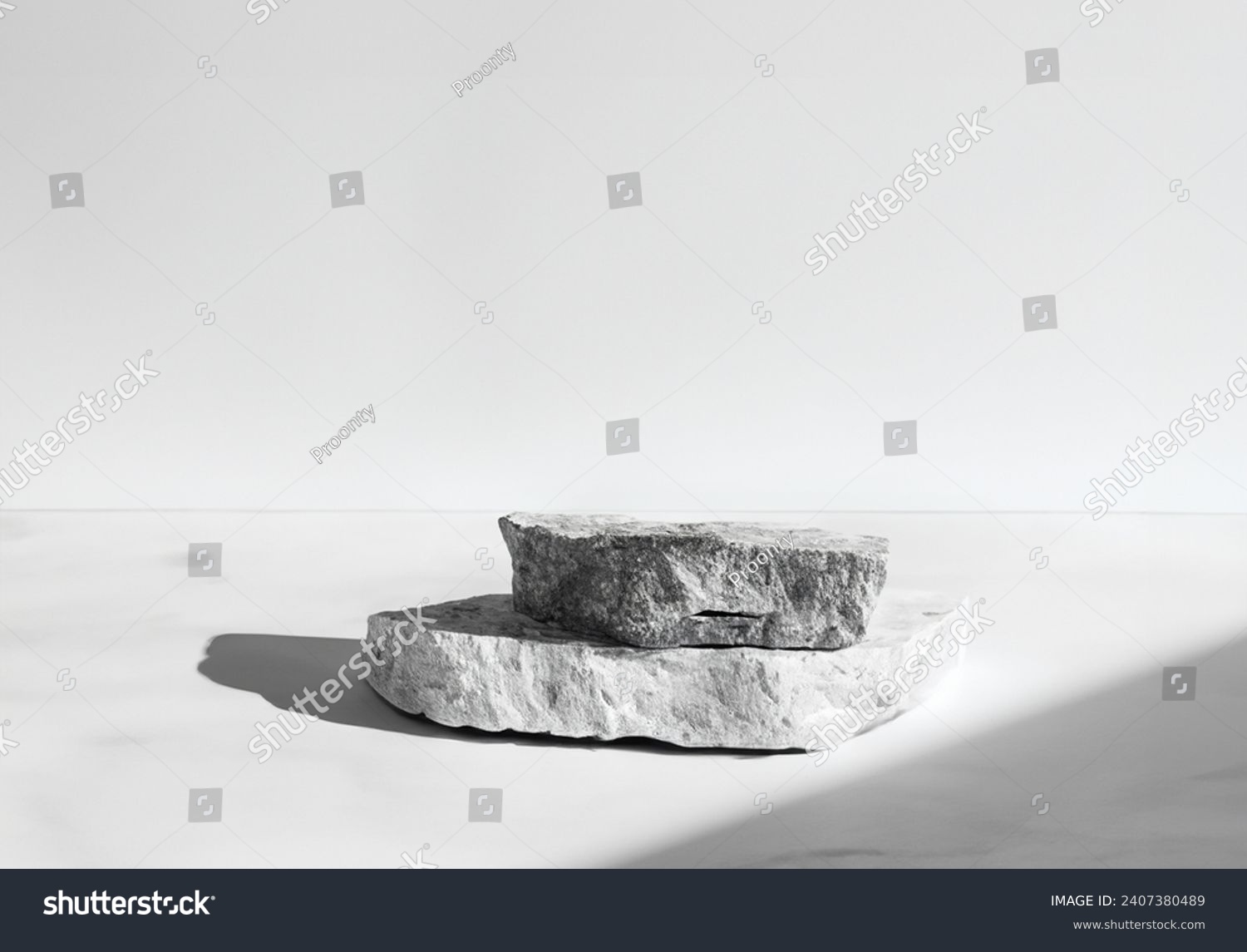 Abstract nature scene with composition of White broken stone slabs podium. white Neutral background for cosmetic or skin care, branding for design mockups. Copy space, front view #2407380489