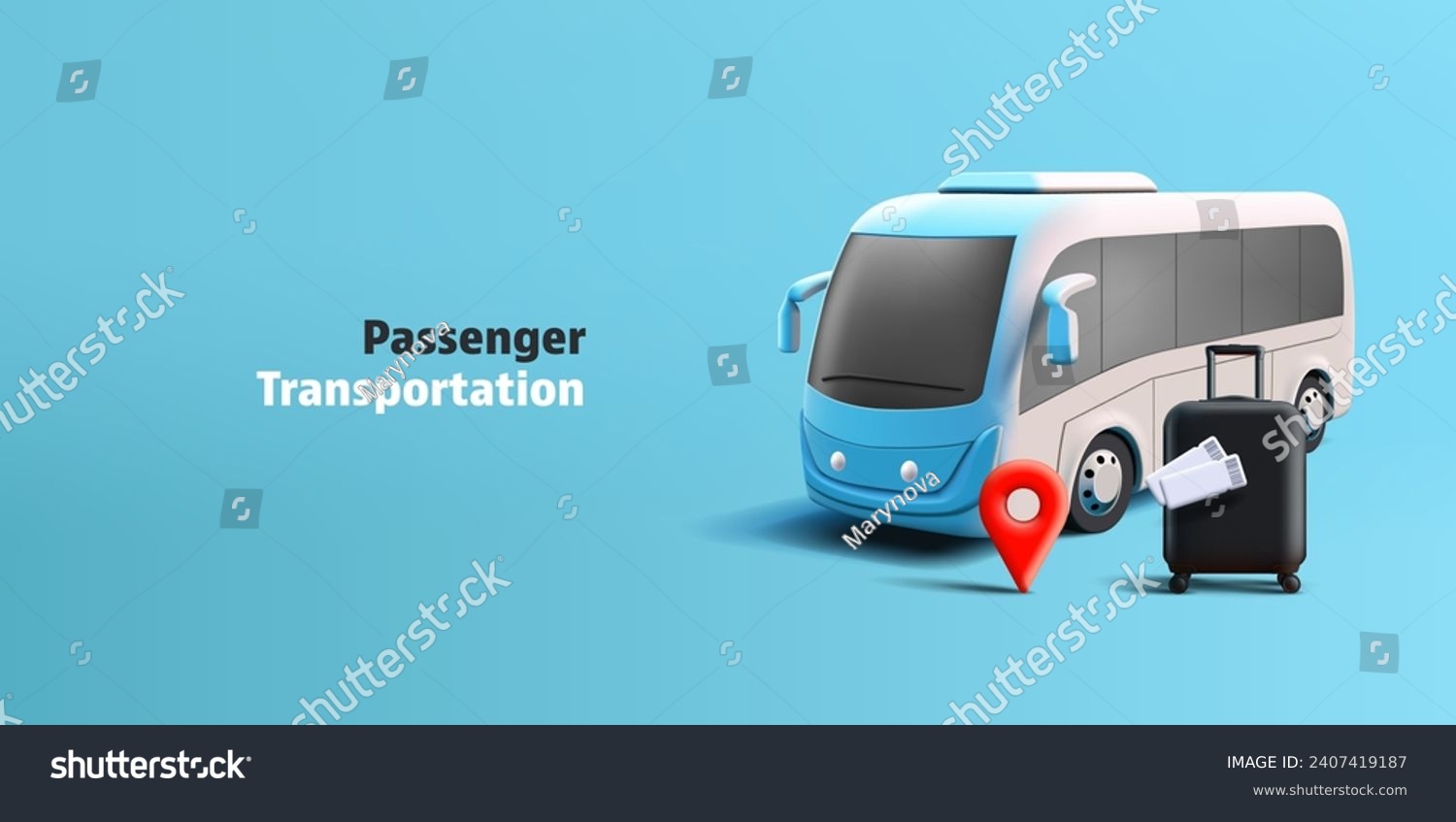 3d realistic bus render illustration with suitcase and tickets for the trip and red geo pin, blue and white colour #2407419187