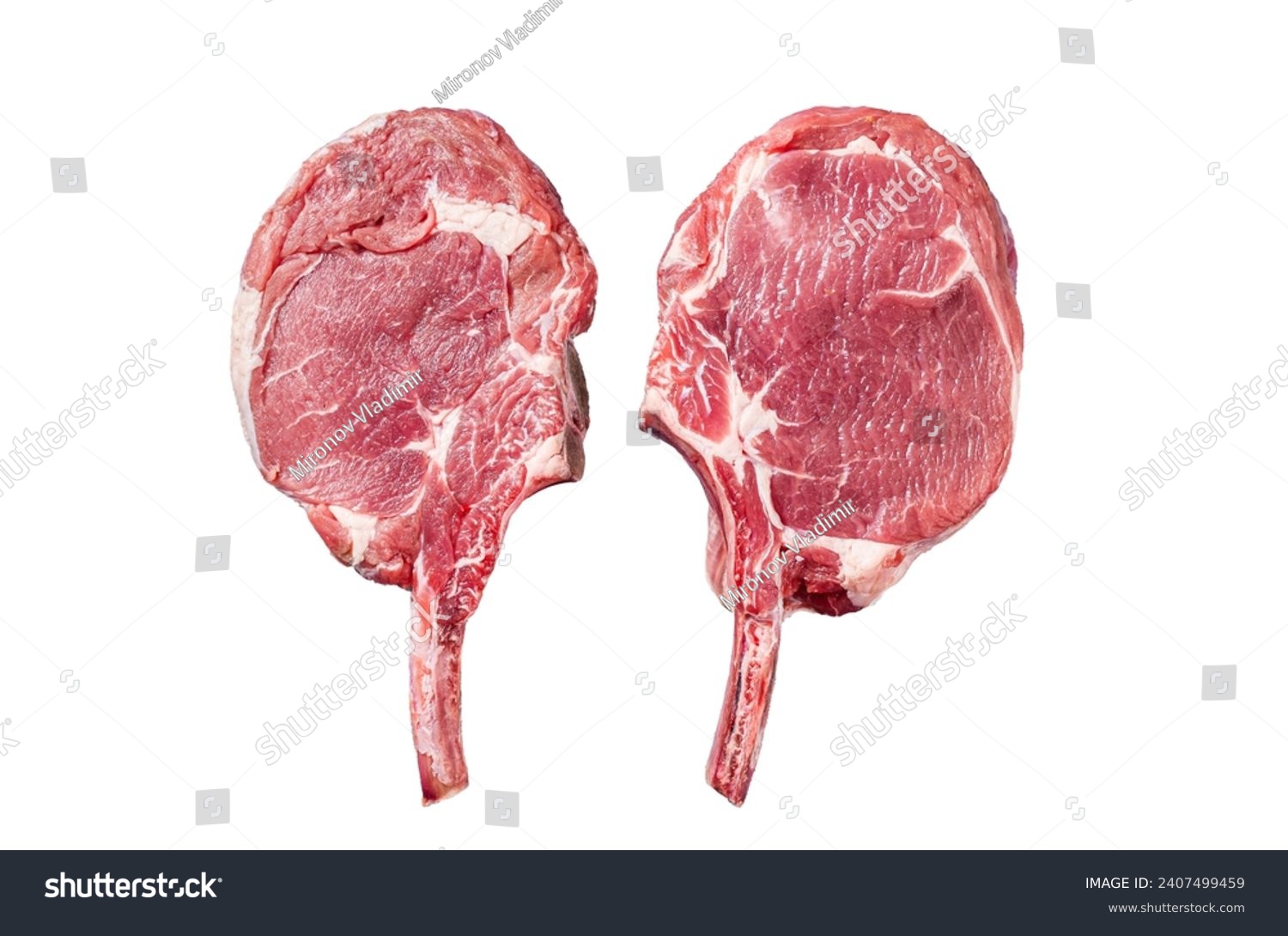 Raw Tomahawk beef (veal) steak Isolated on white background, top view #2407499459