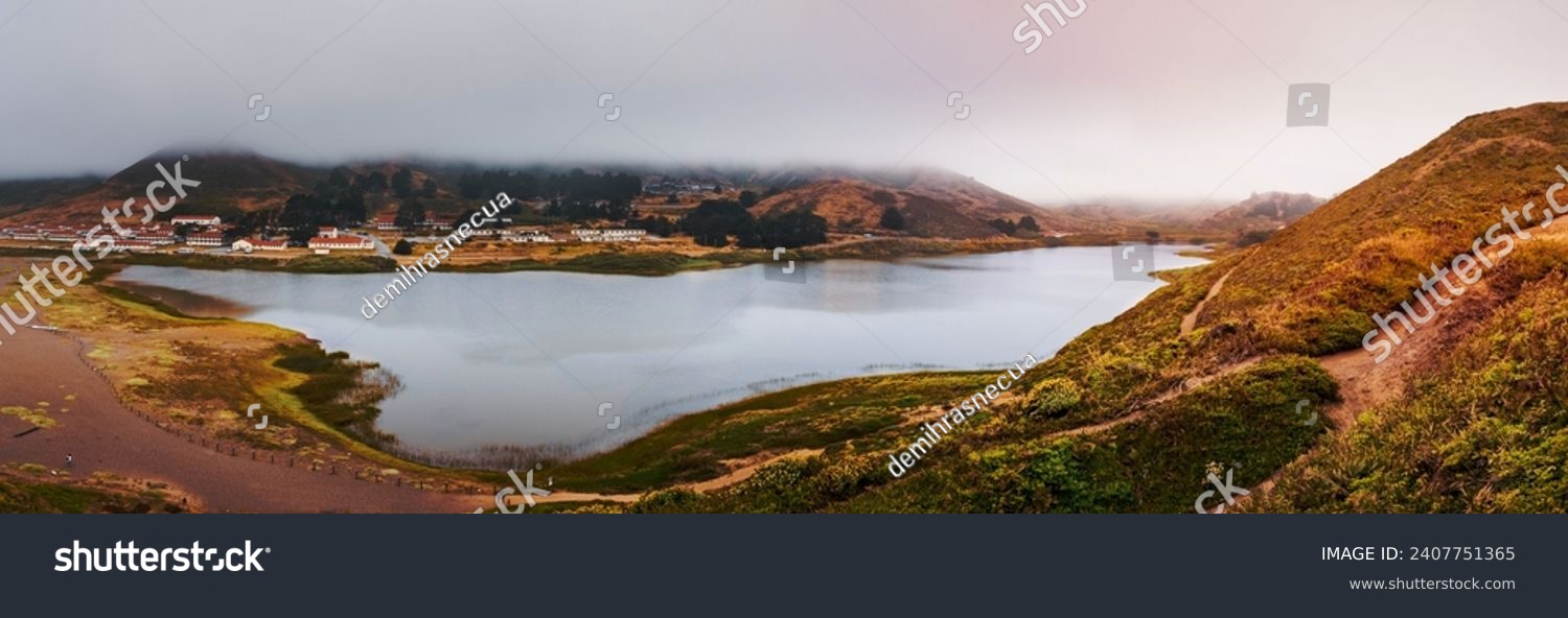 Rodeo Lagoon and Fort Cronkhite on the Pacific Ocean coastline, on a cloudy day, Marin Headlands, Marin County, California #2407751365