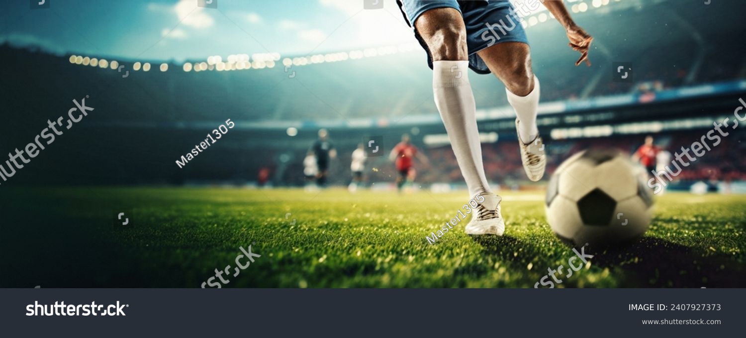 Cropped male legs hitting ball, players during game on open air 3d arena, competing. Sport fans cheering up team. Concept of sport, game, competition, championship. 3D render #2407927373