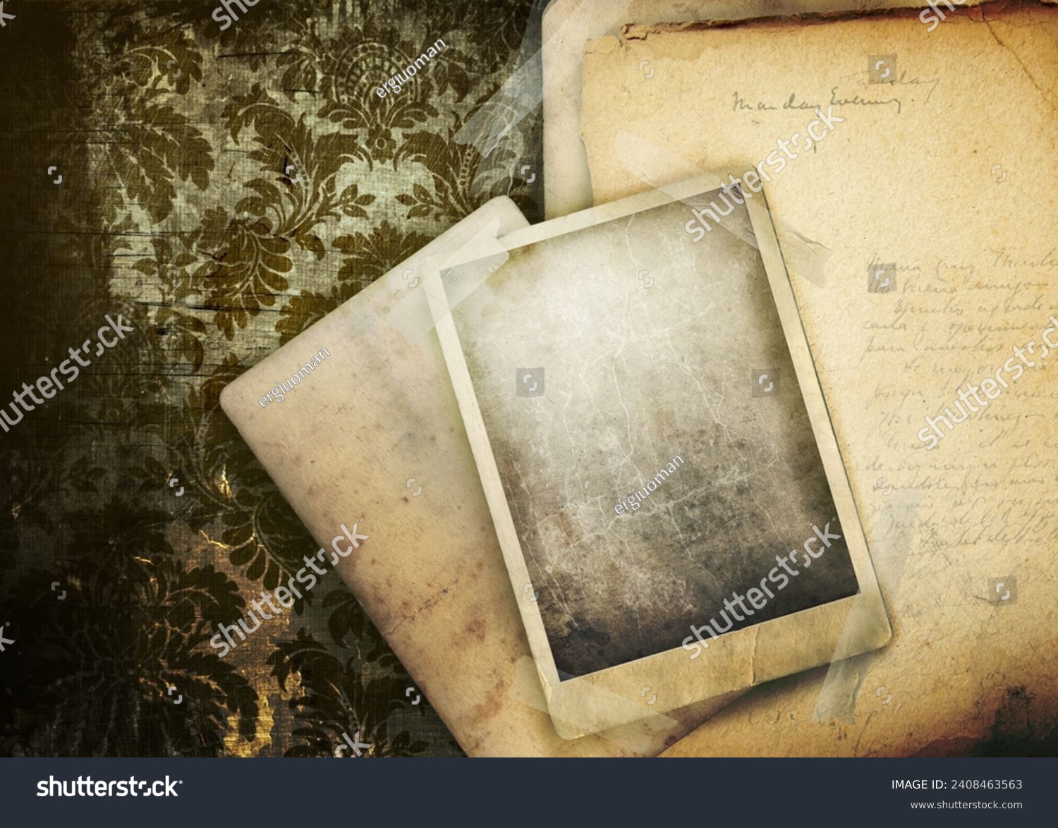 Vintage floral background with old papers and photo #2408463563