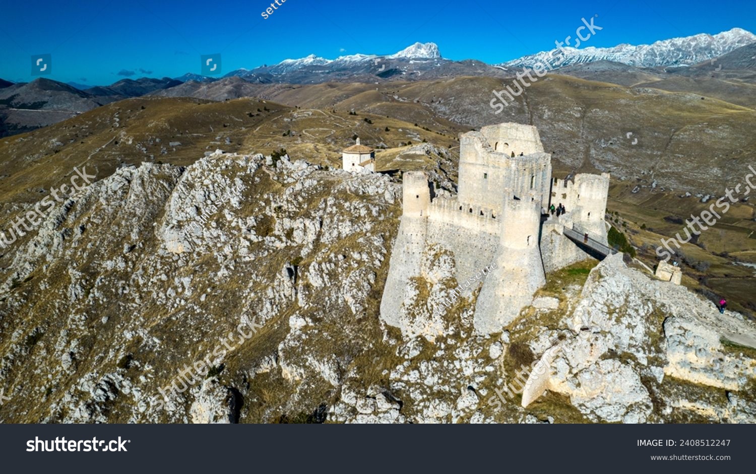 Rocca Calascio 2023. Aerial view of the castle of Rocca Calascio, built in 1140, it is the highest fortification in the Apennines. January 2024 Abruzzo, Italy #2408512247