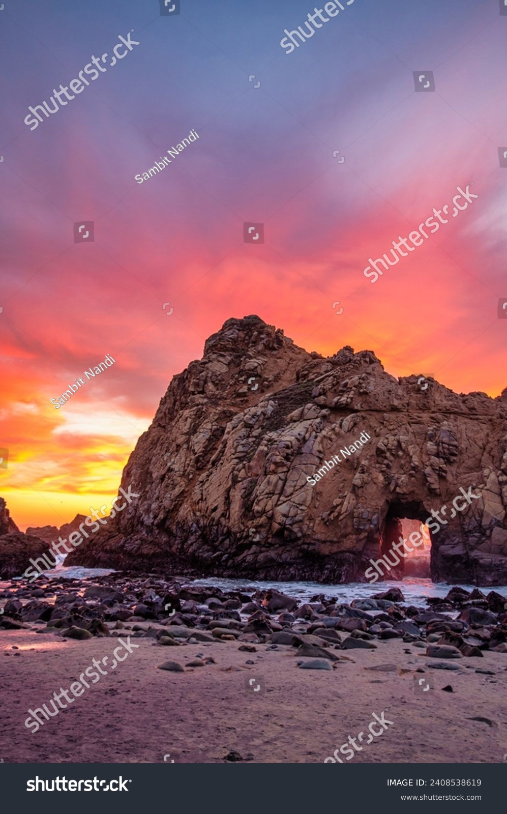 Pfeiffer Beach at sunset in Big Sur during winter creating amazing vibrant landscape #2408538619
