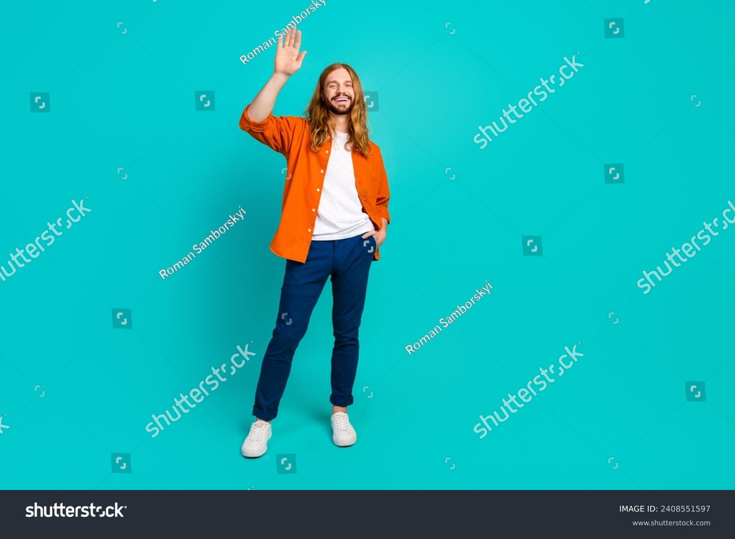 Full length body photo young handsome model blond hair man waving palm greetings to team partners isolated on cyan color background #2408551597