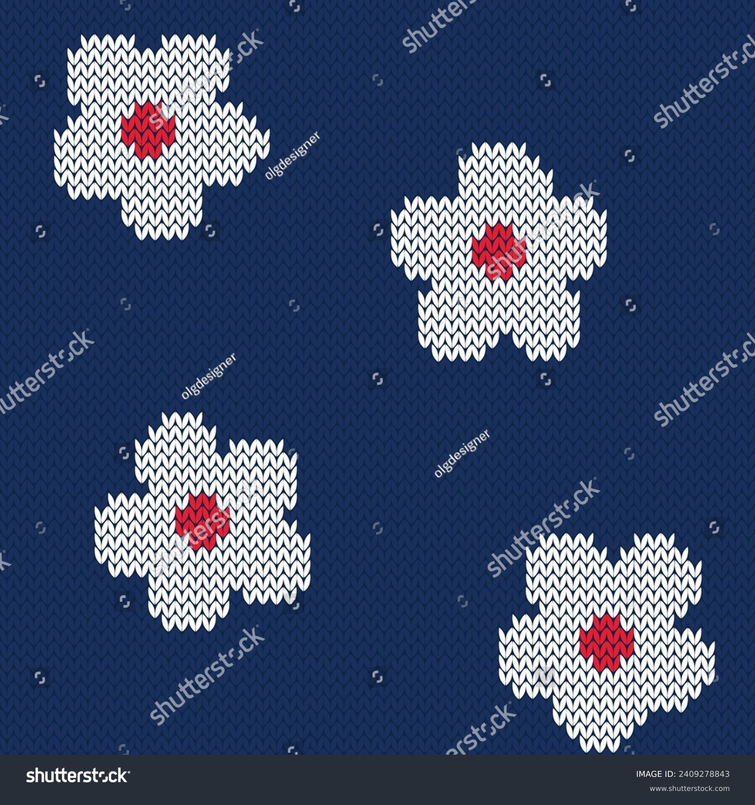 Floral knitted seamless pattern 70s . White flowers on navy blue background. Retro style. Vector illustration. #2409278843