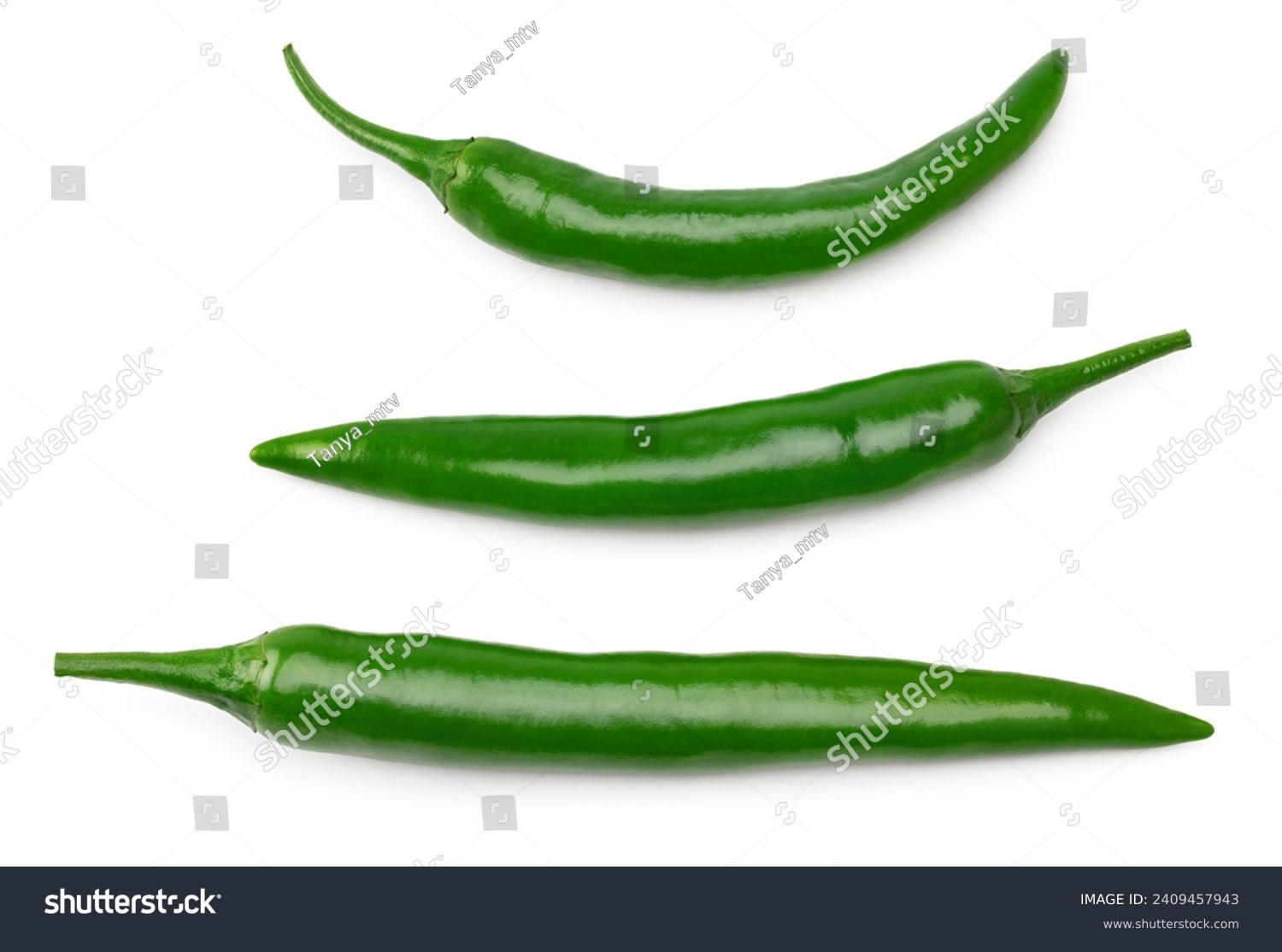 green hot chili peppers isolated on white background clipping path. top view #2409457943