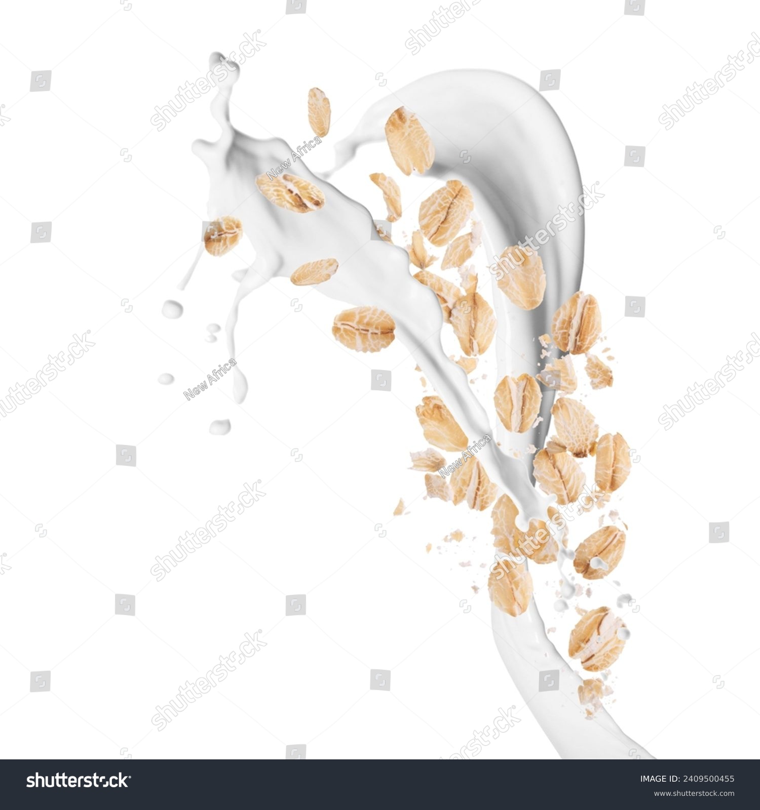 Rolled oats and milk splash isolated on white #2409500455