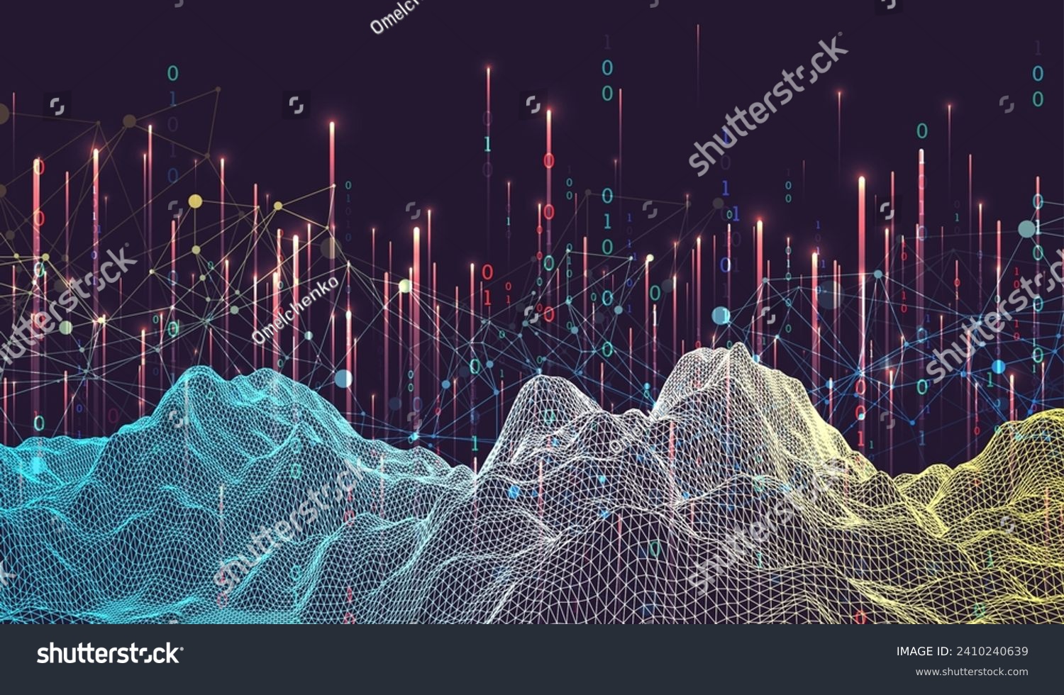 Big Data. Abstract digital futuristic wireframe vector illustration on technology background. Data mining and management concept. Hand drawn art. #2410240639