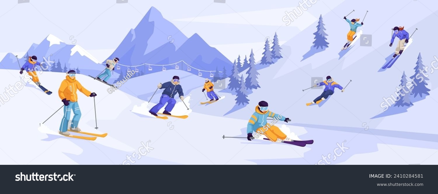Group of sliding professional skier in warm sport suit with googles. Extreme downhill. Scenic picturesque mountain landscape. Winter holiday resort and vacation. Vector illustration #2410284581
