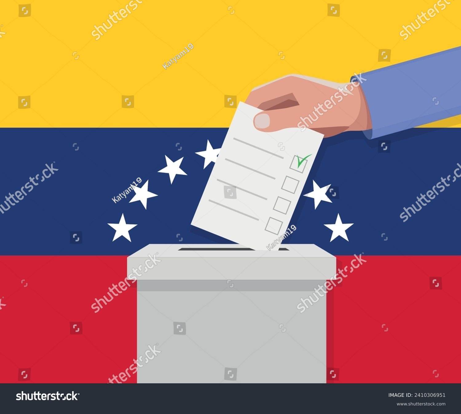 Venezuela election concept. Hand puts vote bulletin into vote box. #2410306951