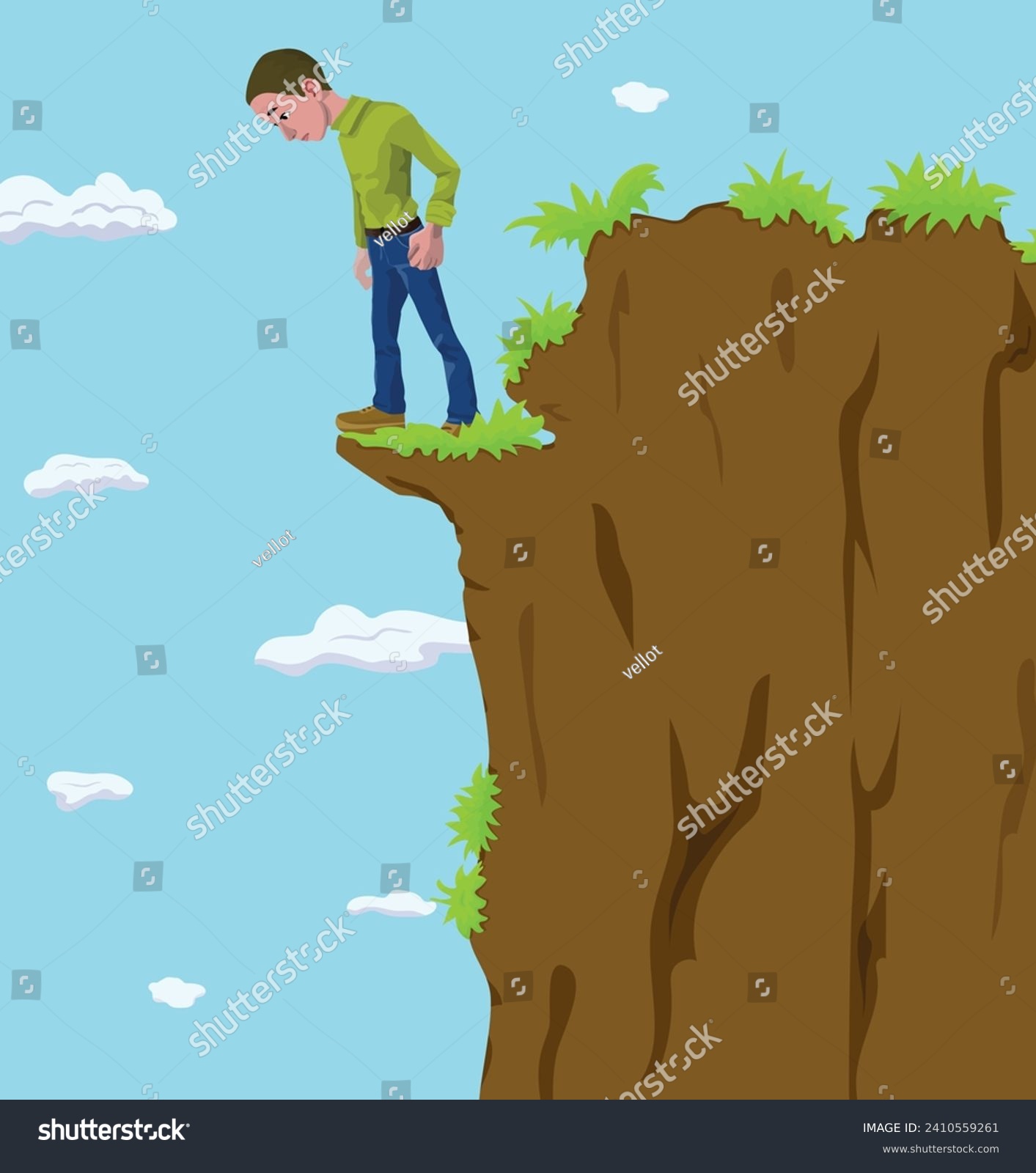 A boy who afraid to fall down from the cliff. Young man stand at top of the mountain near the steep and look down at the foot of a mountain.
Side profile view. Cartoon style. #2410559261