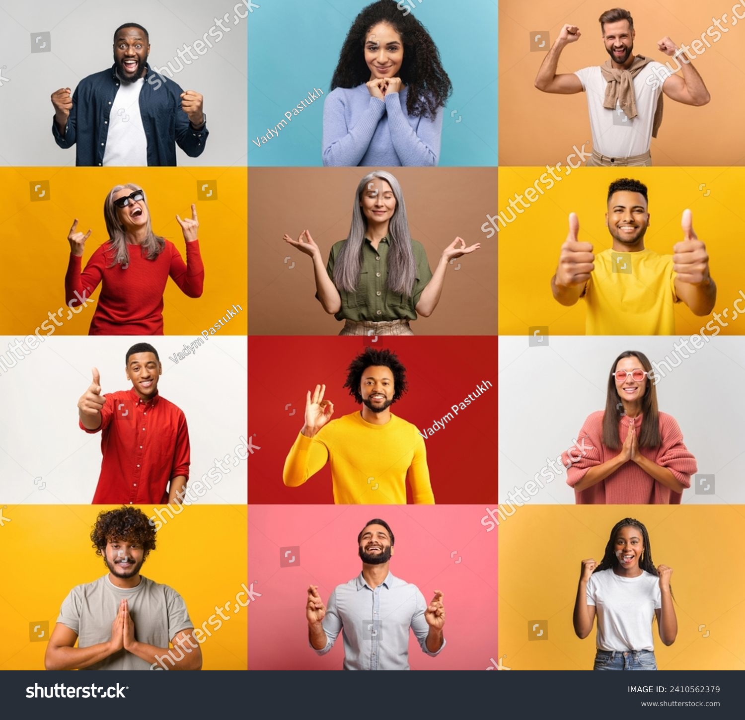 This collection portrays individuals in expressive, joyous poses, each against a colored backdrop, show success and happiness, with thumbs up, victory signs, and hands in meditation positions #2410562379