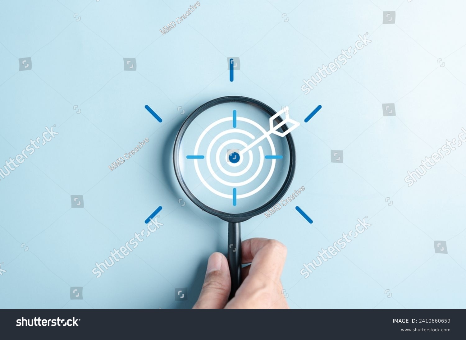 Magnifier glass focus to target objective with idea creative light bulb icon. planning development leadership and customer target group concept. #2410660659