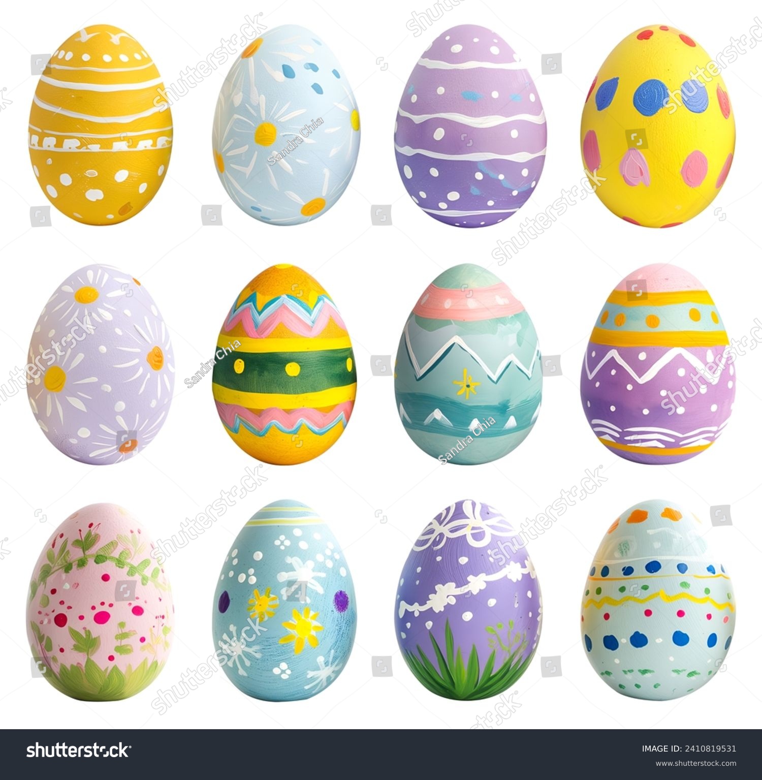 Collection of colourful hand painted decorated easter eggs on white background cutout file. Pattern and graphic set. Many different design. Mockup template for artwork design #2410819531