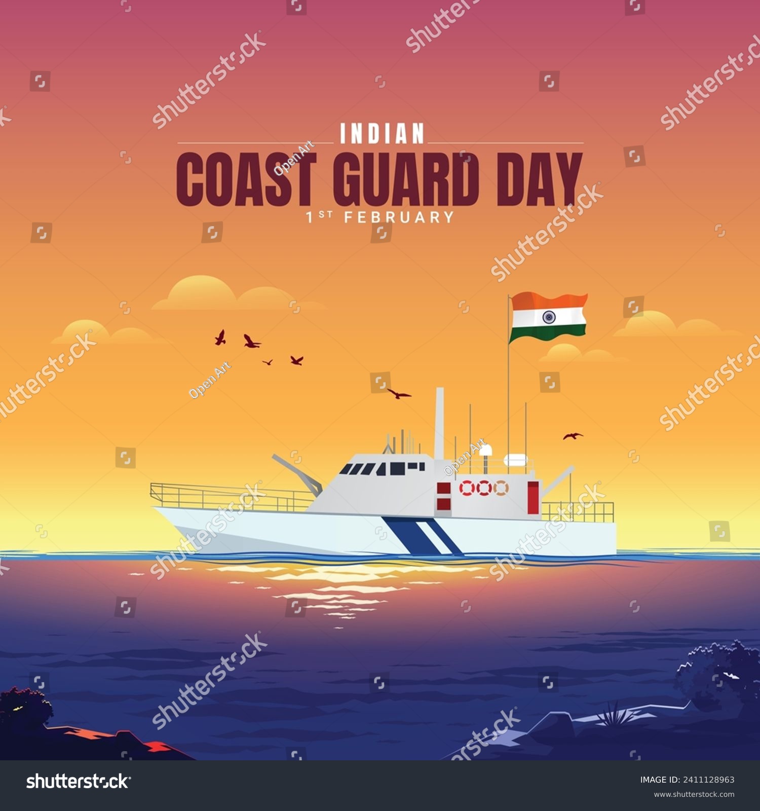 Indian Coast Guard Day is observed on 1 February every year to honor the important role that the organization plays Editable Vector Illustration, Indian Coast Guard patrolling surveillance boats #2411128963