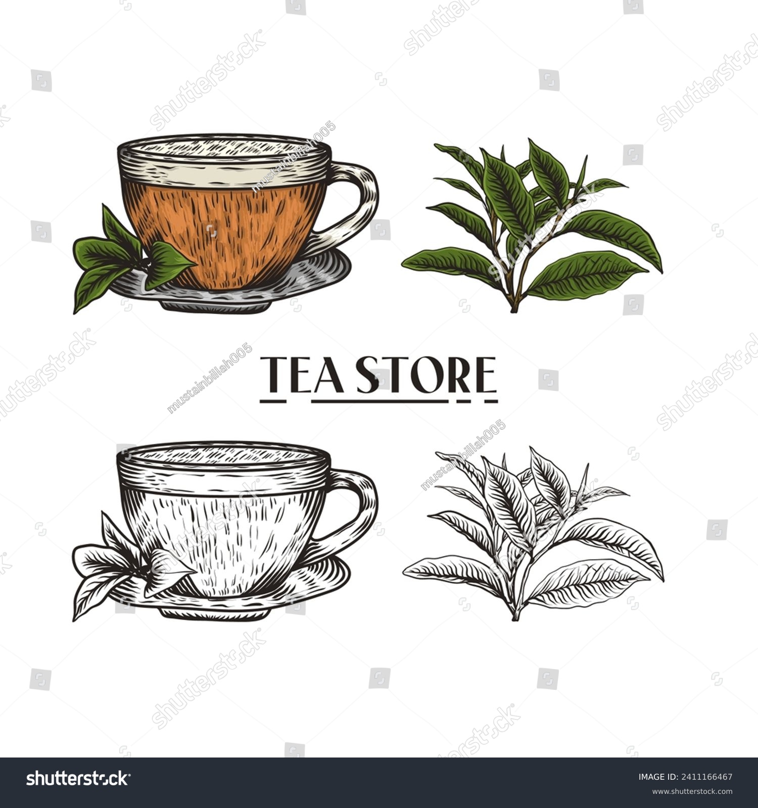 Hand drawn tea cup and tea leaf illustration in engraving style for menu or cafe. #2411166467