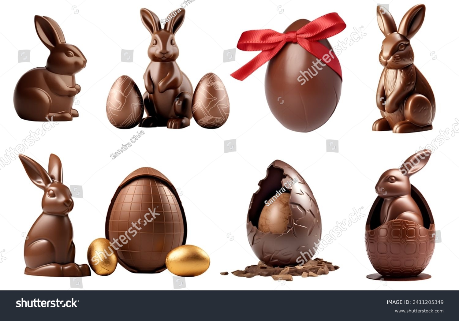 Collection set of chocolate easter rabbit bunny and eggs on white background cutout file. Many different design. Mockup template for artwork design #2411205349