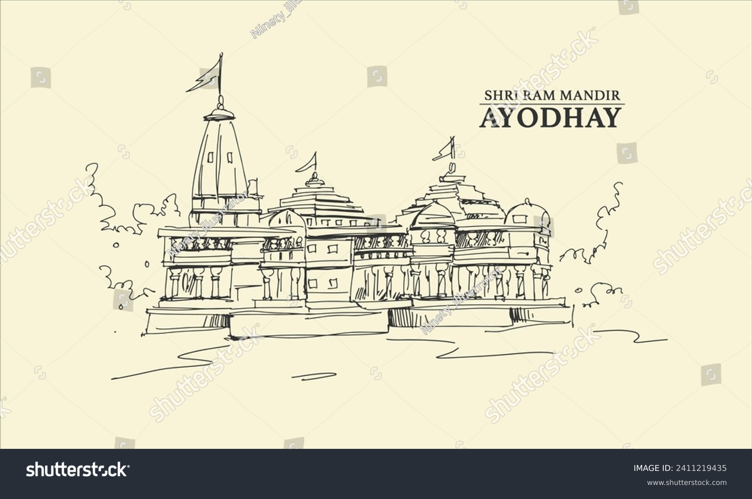 Line art hand drawn illustration of religious background of Ram Temple in Ayodhya birth place Lord Rama. #2411219435
