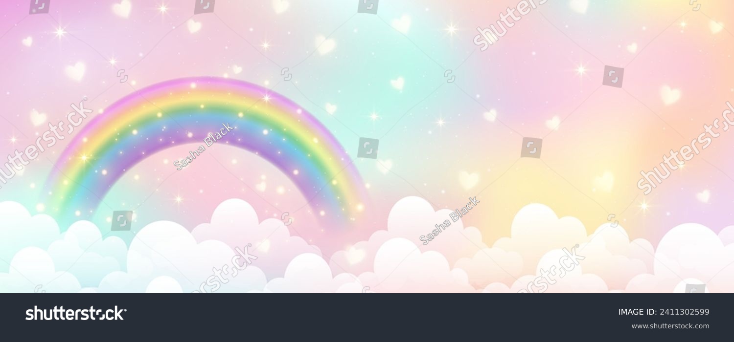 Holographic fantasy rainbow unicorn background with clouds. Pastel color sky. Magical landscape, abstract fabulous pattern. Cute candy wallpaper. Vector #2411302599