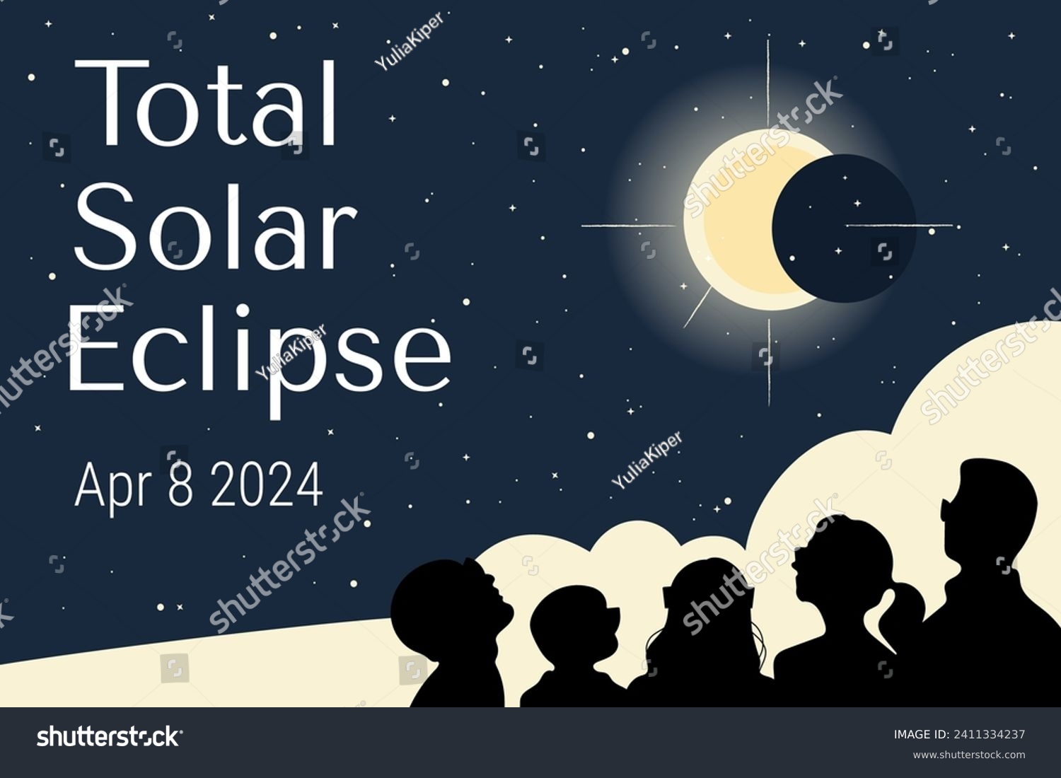 People in glasses watching solar eclipse. Hand drawn vector banner design.  #2411334237