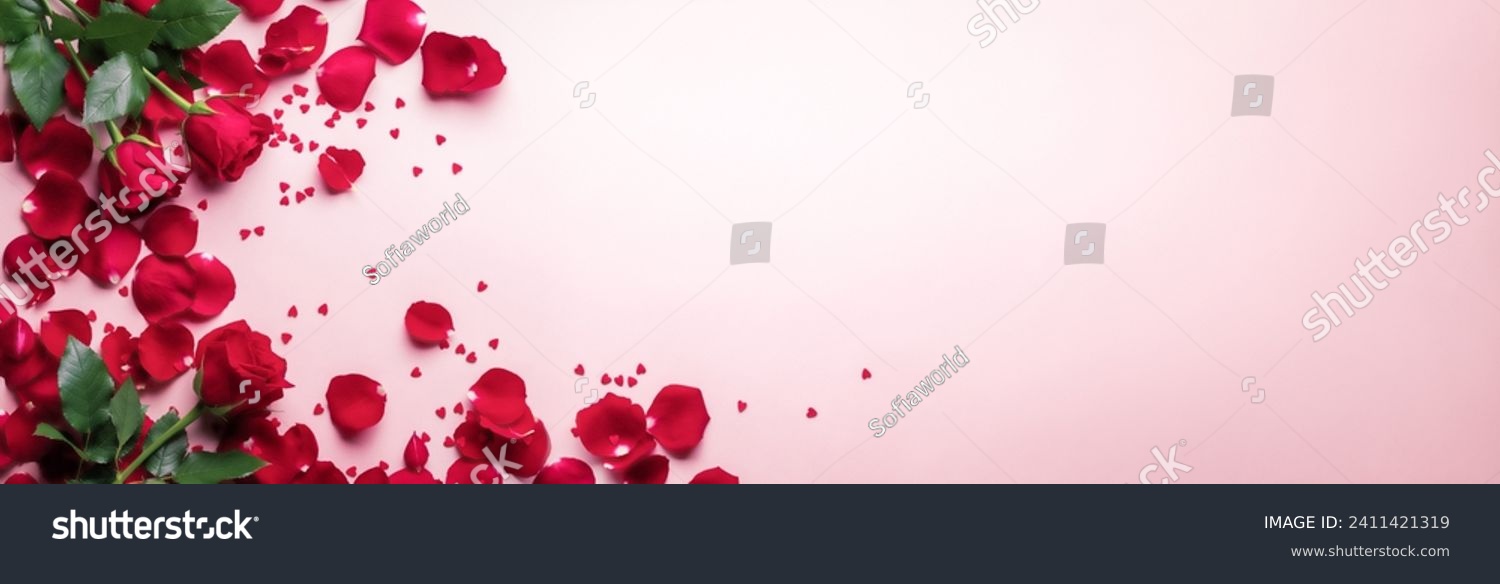 Frame made of rose flowers, confetti on pink background. Valentine's Day background. #2411421319