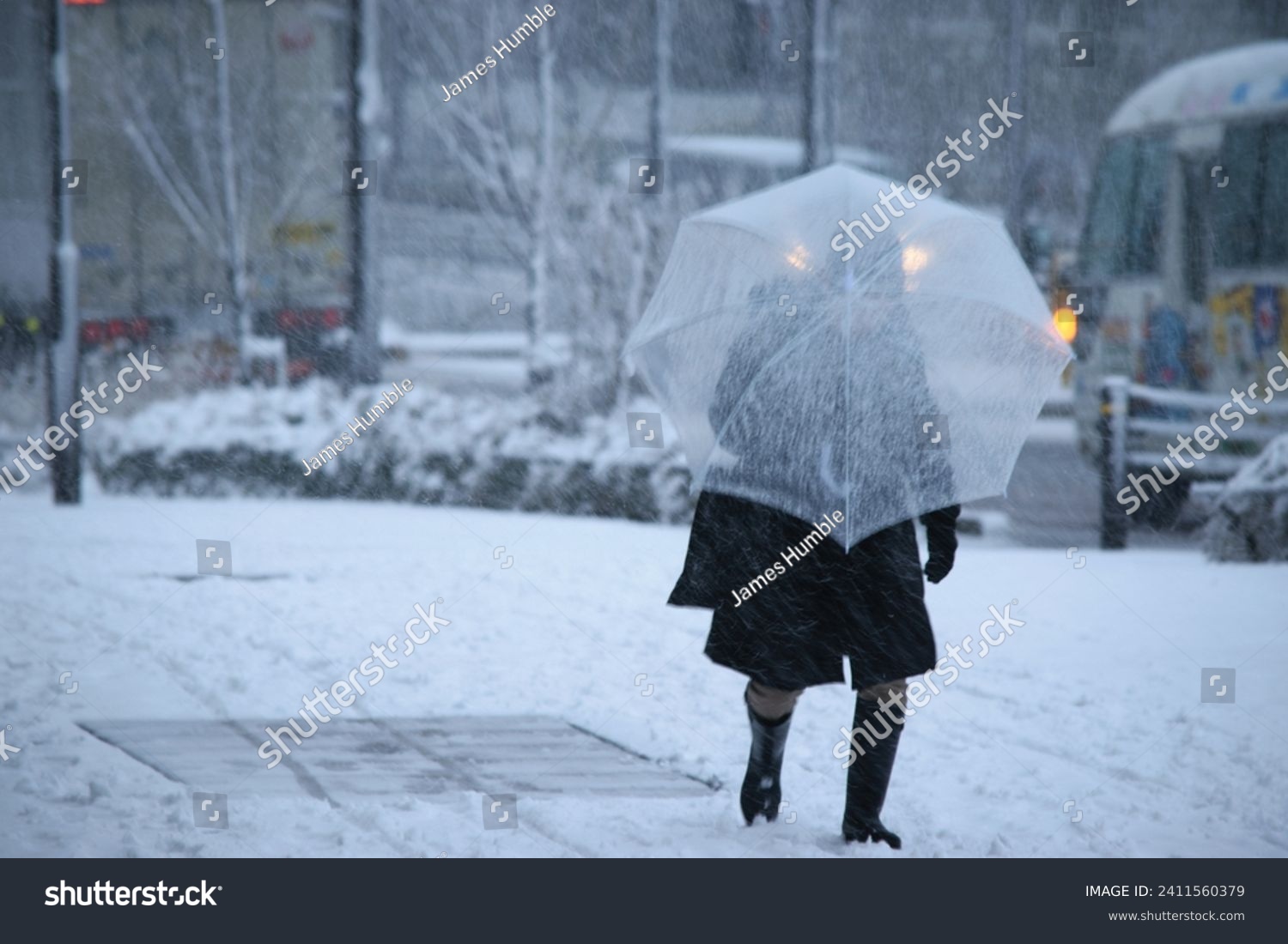 Person walking with a transparent umbrella on a snowy day. #2411560379