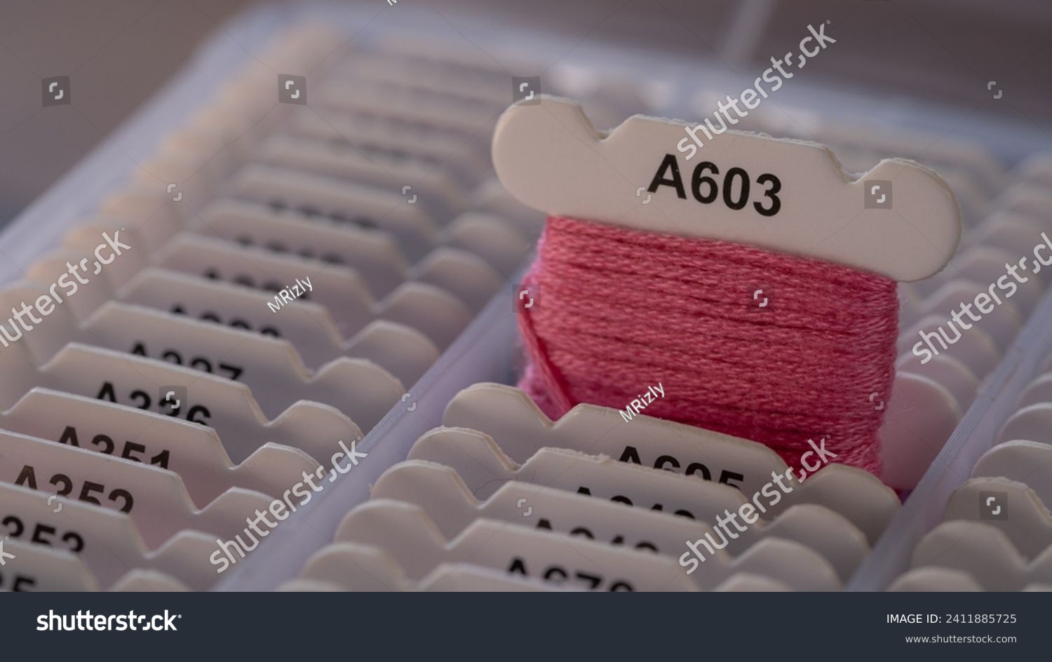 Choosing a Pink Floss Bobbin and Thread Piece in a Box #2411885725