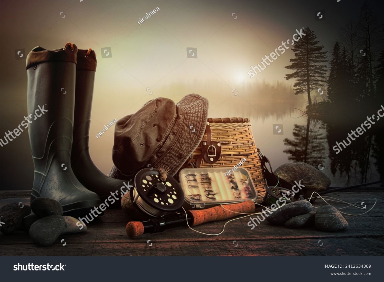 Fly fishing equipment on deck with view of a misty lake background #2412634389