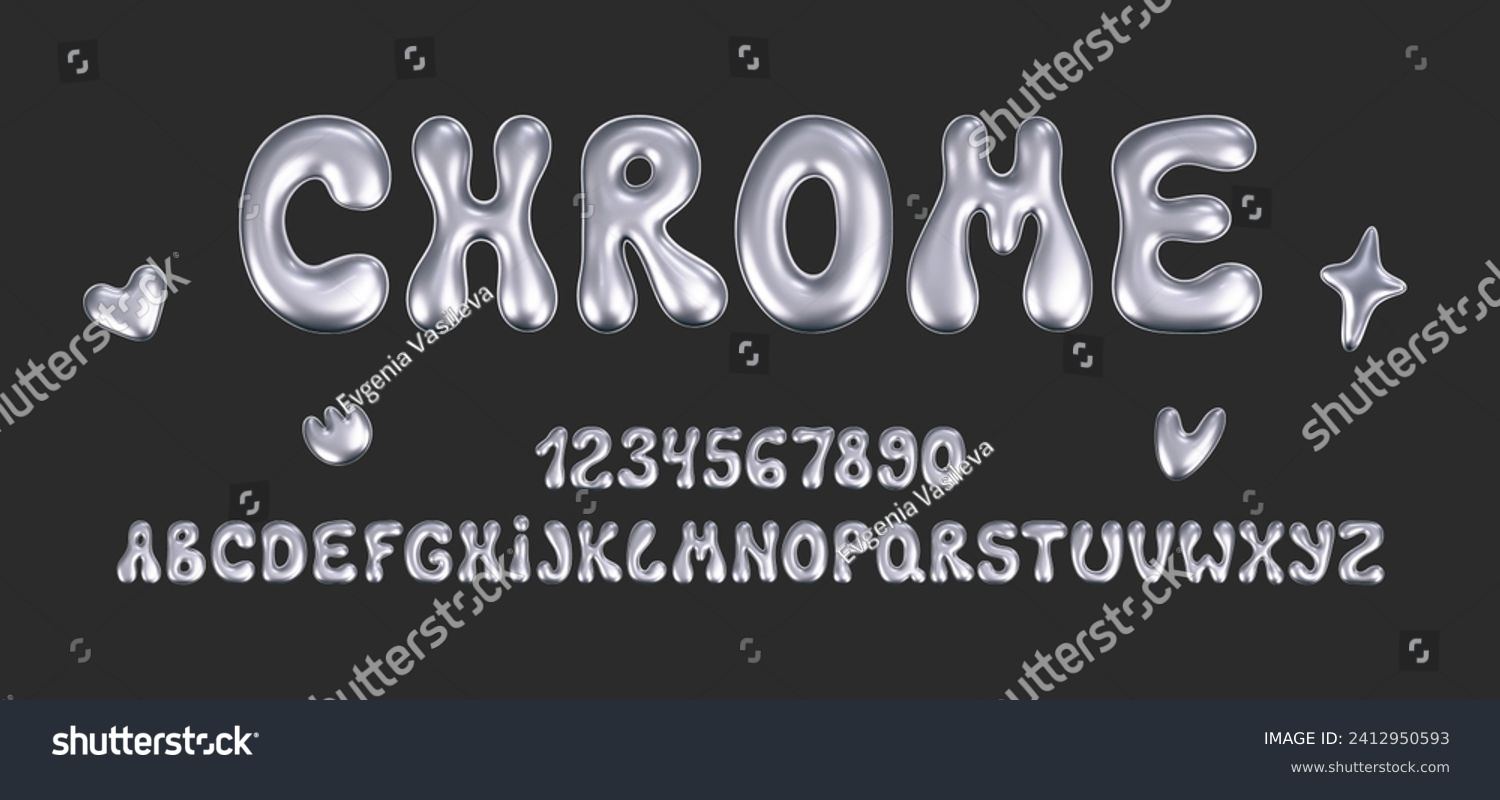 3d chrome liquid font in y2k style isolated on a dark background. Render of 3d metal inflated alphabet and numbers with glossy silver effect. 3d vector y2k typography letter #2412950593