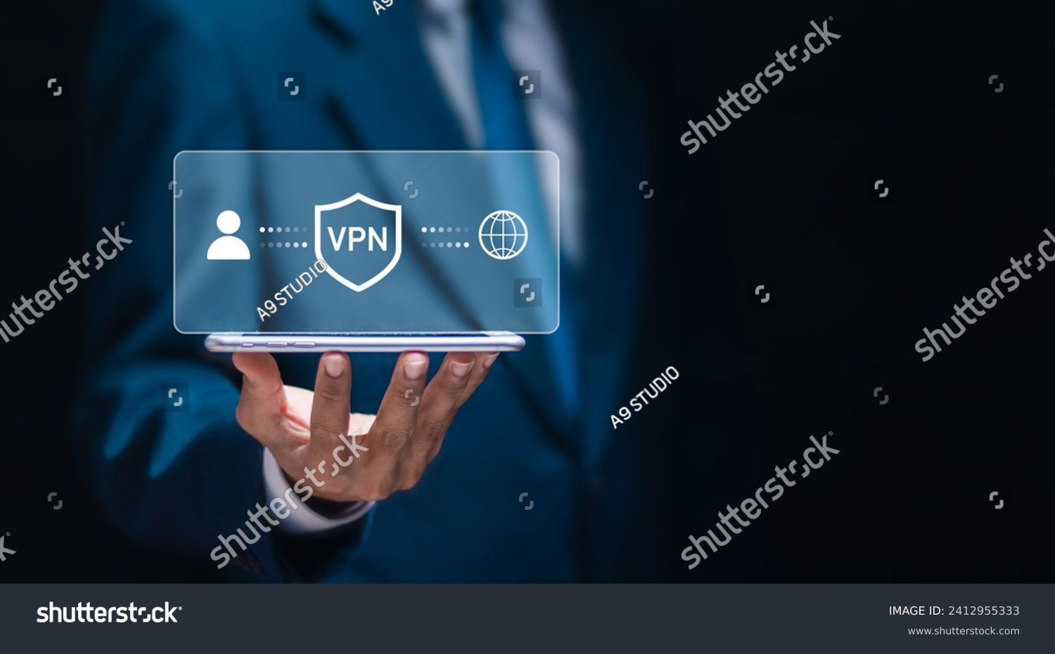 VPN Virtual private network concept. Businessman use smartphone with virtual screen of VPN connection. Internet security, encrypted connection for anonymous internet user. #2412955333