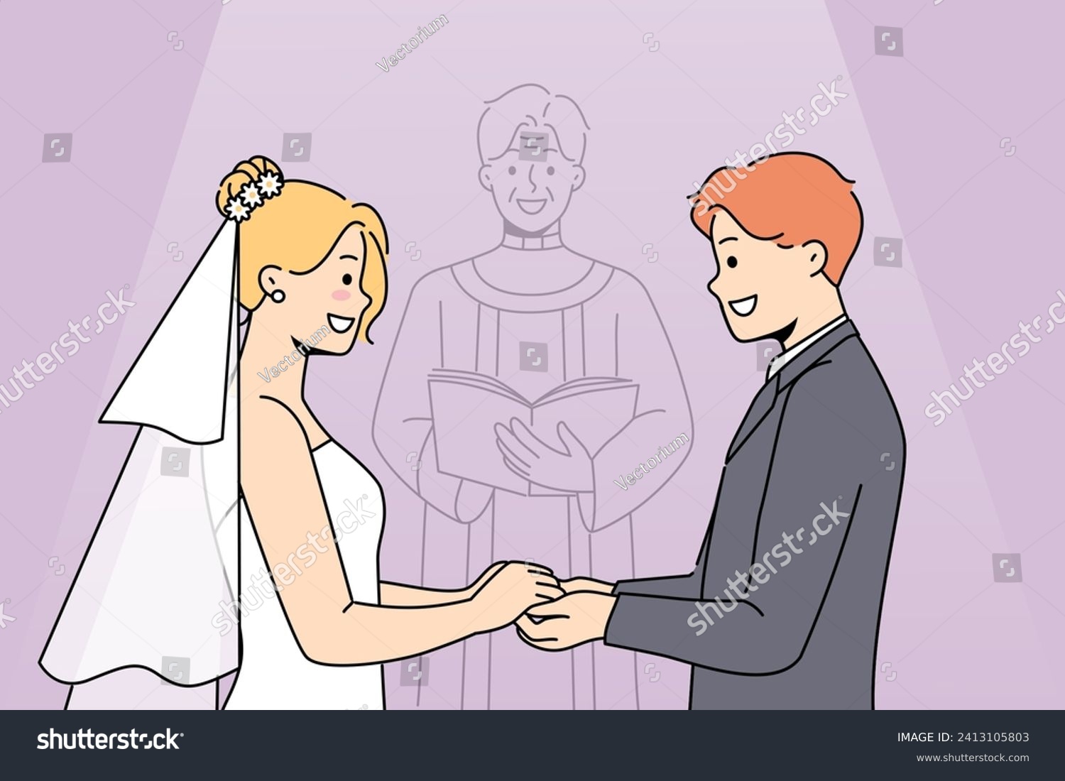 Marriage ceremony of man and woman holding hands, standing near altar with candlestick. Marriage of religious catholics wishing to get married and receive blessing from holy father #2413105803