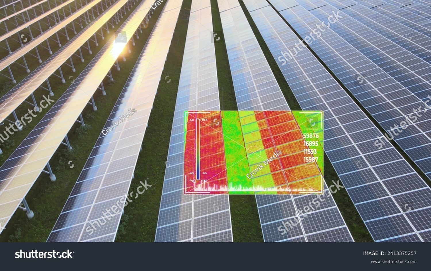 Solar panel inspection by drone thermal camera. Analyze of photovoltaic cells. 3D render #2413375257
