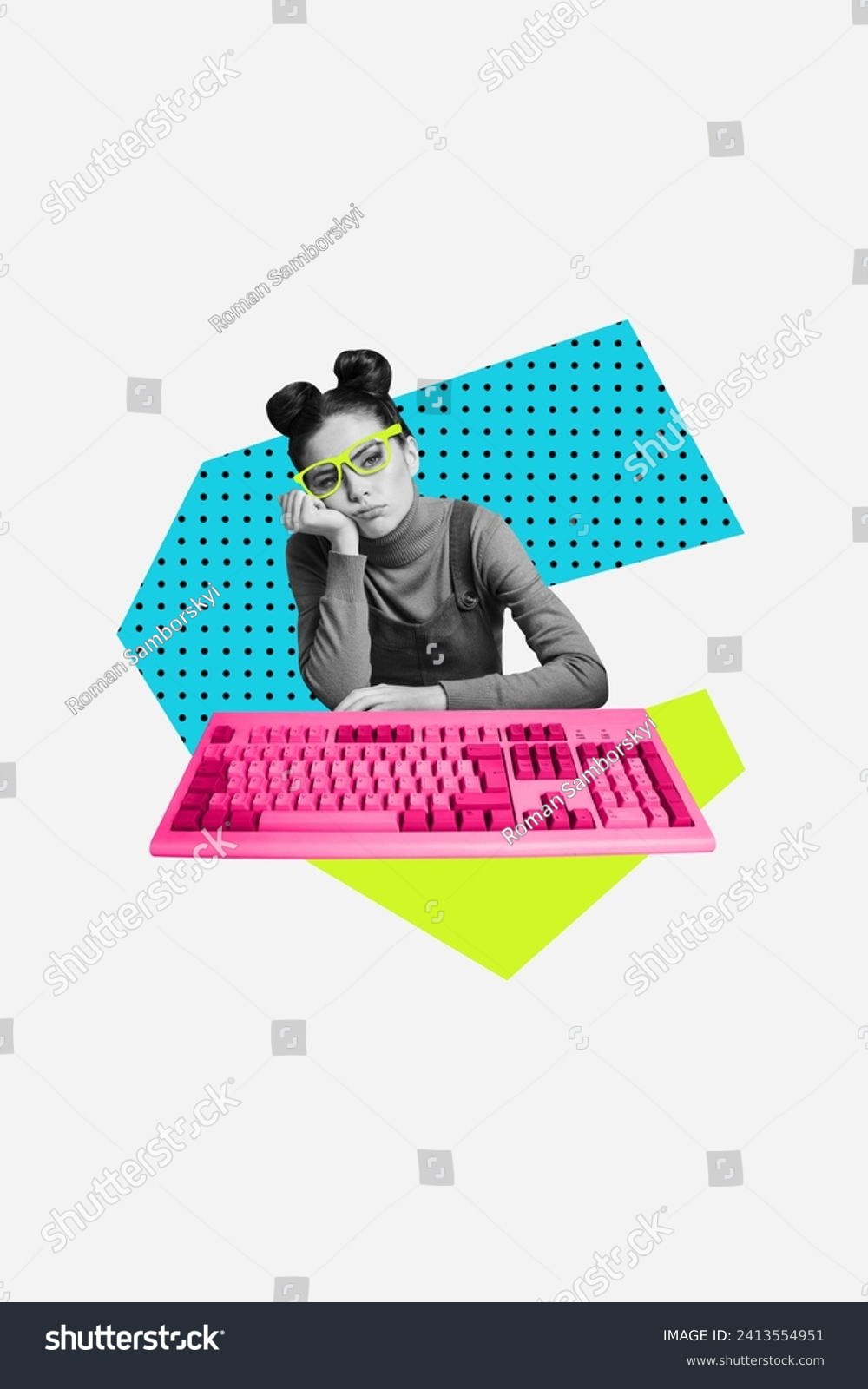 Vertical collage image of unsatisfied bored black white effect girl computer keyboard isolated on drawing background #2413554951