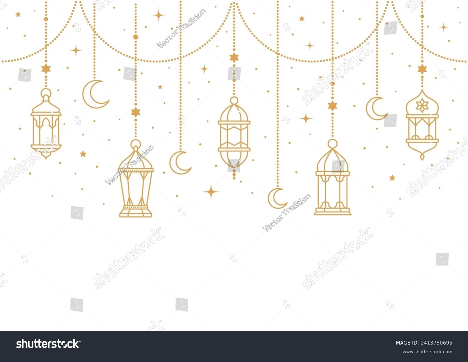 Ramadan Kareem and Eid Mubarak Arabian lanterns or lamps for Muslim holiday, vector background. Ramadan Kareem and Eid Mubarak greeting card for Islam holiday with gold stars, crescent moon on lantern #2413750695