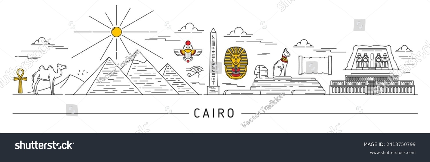 Egypt silhouette, Cairo and other egyptian travel landmarks. Vector skyline, thin line pyramids in Africa desert landscape. Outline Sphinx monument, papyrus scroll, pharaoh black cat, ankh and camel #2413750799