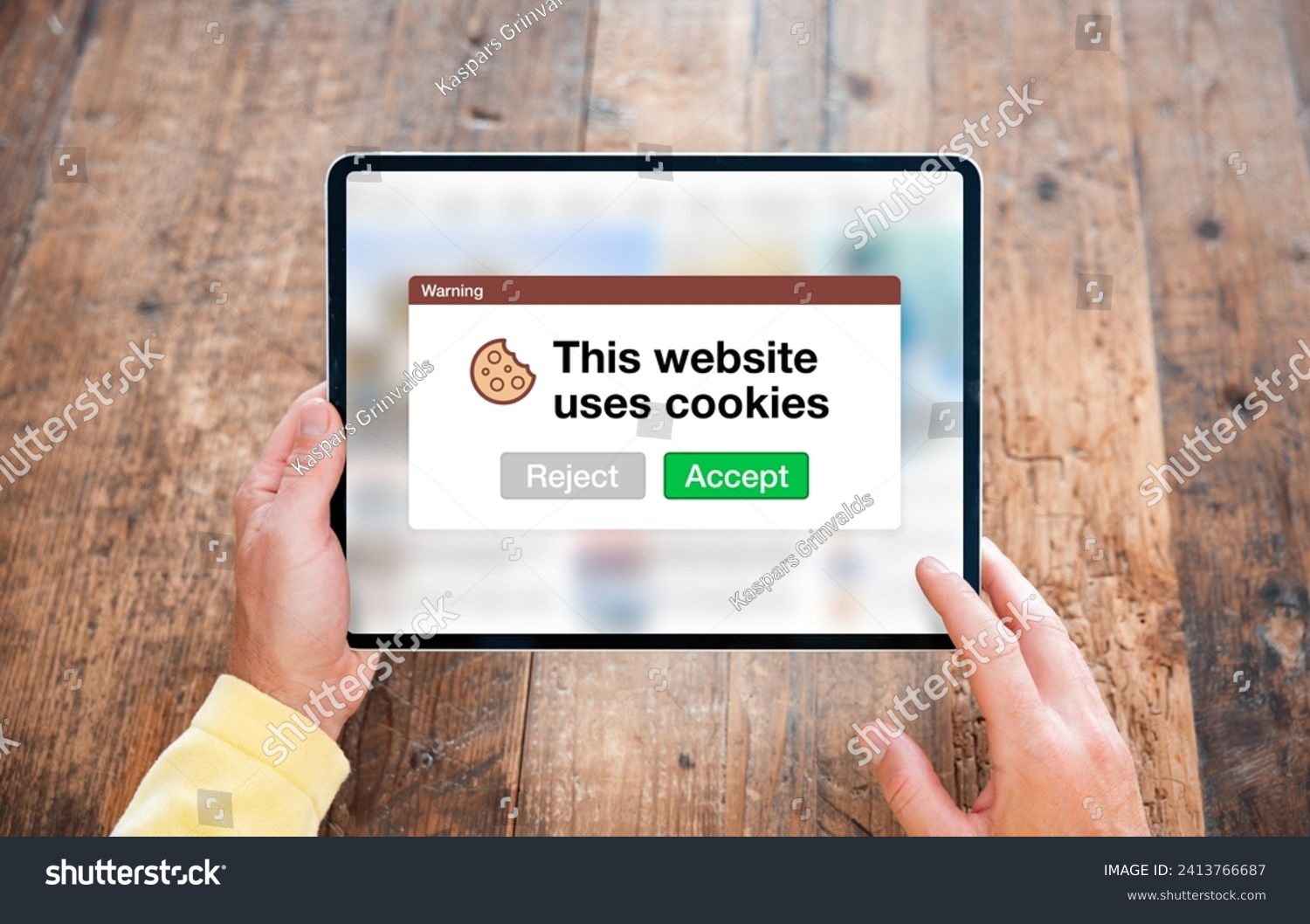 This website uses cookies warning pop-up window on tablet's internet browser #2413766687