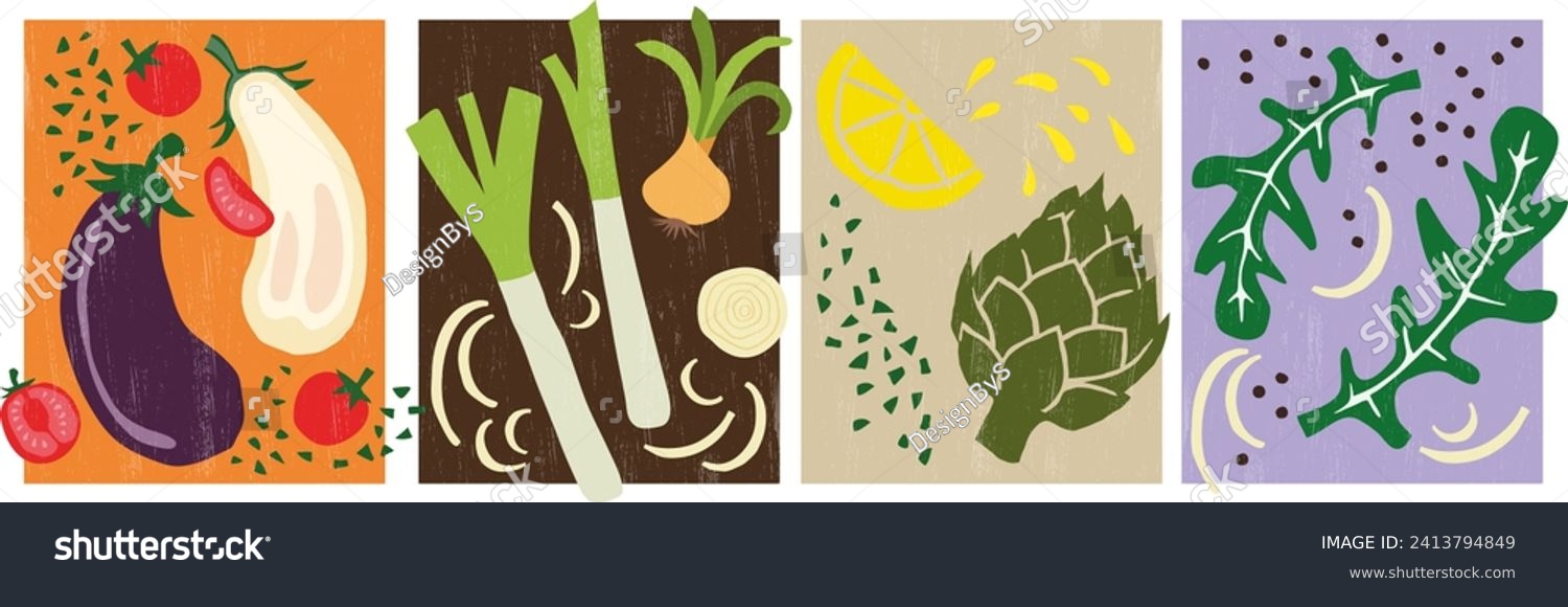 Set of 4 hand-made illustrations of vegetable combos, perfect to illustrate ingredients. #2413794849