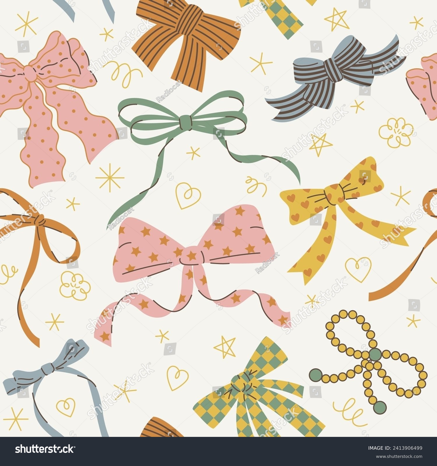 Seamless pattern with various cartoon bow knots, gift ribbons. Trendy hair braiding accessory. Hand drawn vector illustration. Valentine's day background. #2413906499