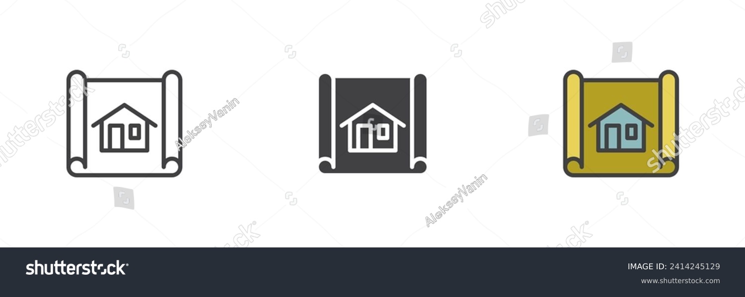 House blueprint plan different style icon set. Line, glyph and filled outline colorful version, outline and filled vector sign. Architecture symbol, logo illustration. Vector graphics #2414245129