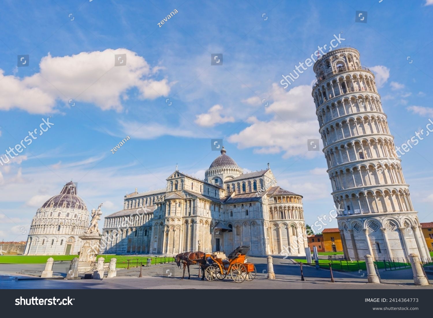 Horse with carriage on the square with Pisa leaning tower and cathedrals, Italy #2414364773