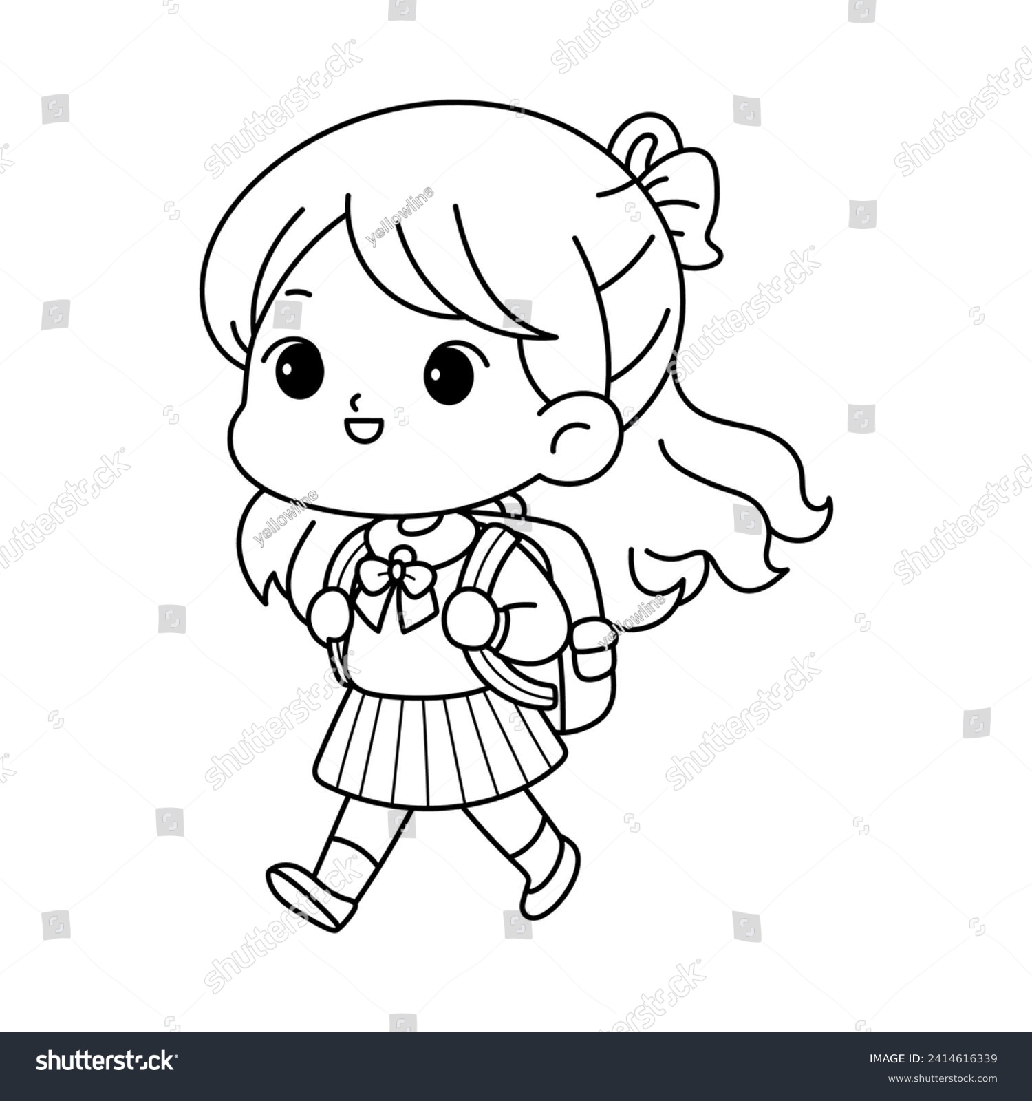 Little Girl Goes To School, Coloring Book Page - Royalty Free Stock ...