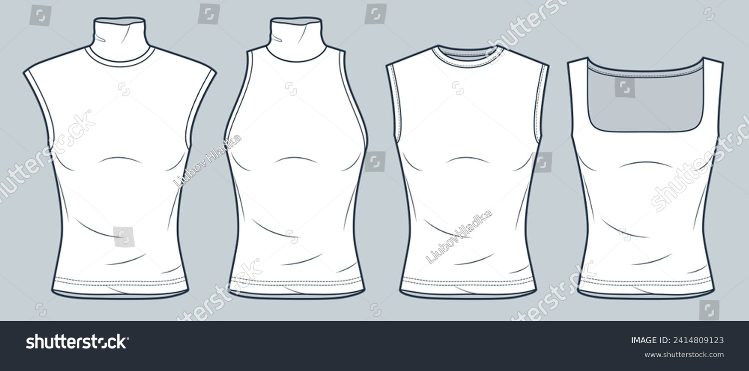 Sleeveless T-Shirt technical fashion illustration. Slim Fit Top fashion flat technical drawing template, round neck, roll neck, square neck, front view, white, women, men, unisex Top CAD mockup set. #2414809123