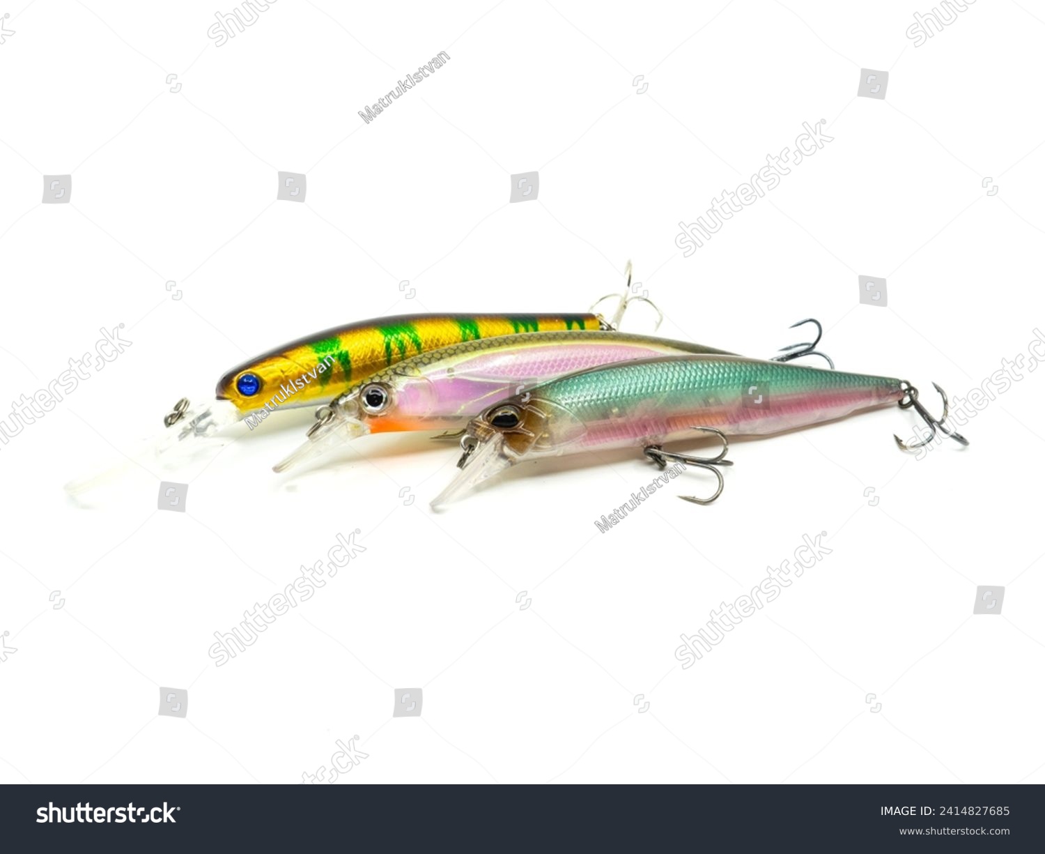 Fishing Lure fishing temptations on white background. Many Fishing Spinning, fake bait, artificial lure. #2414827685