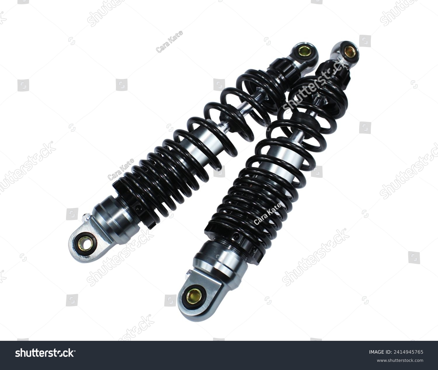 Shock absorber . Racing absorber chrome colour and Springs black colour isolate on white background. #2414945765