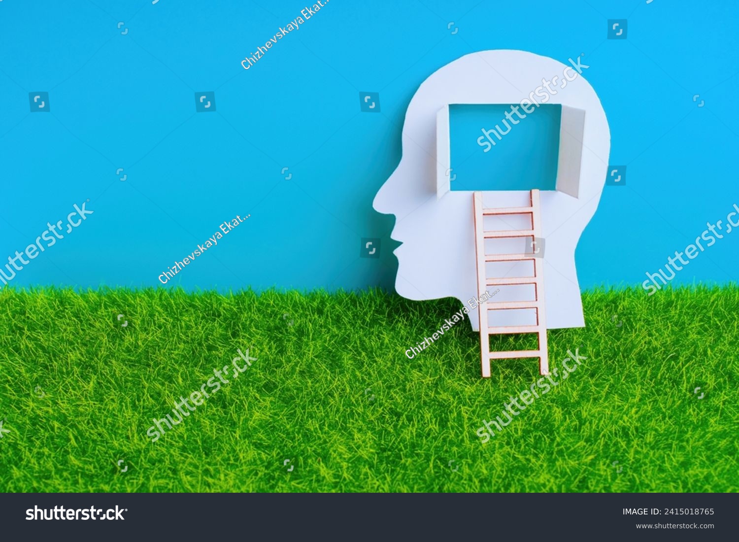 Male head paper cutout with a wooden ladder leading to the open window in the brain area, set against green lawn and blue sky backdrop. Educational ascent related concept. #2415018765