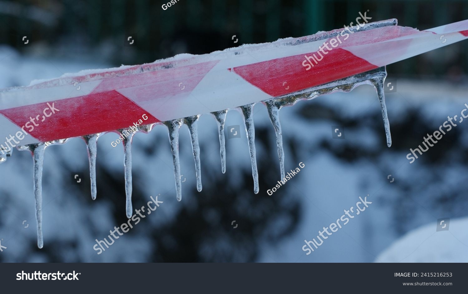 Caution tape, covered in snow and icicles. The tape is stretched horizontally, with icicles hanging from its bottom edge against a blurred snowy landscape #2415216253