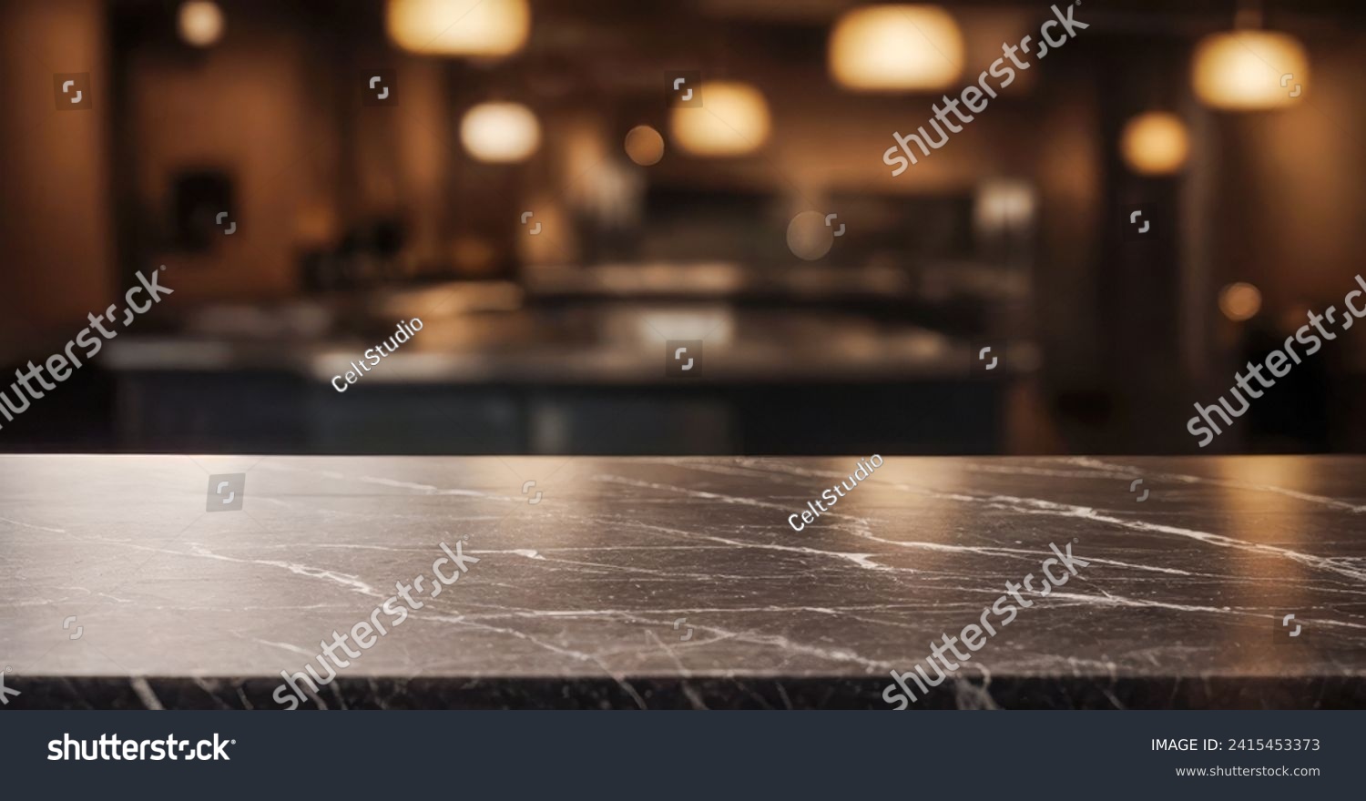 Black marble bar counter top with empty space or product mockup. restaurant counter. Cafe, Coffee shop, Countertop, Backdrop, Templates, Products display kitchen or bar. product placement #2415453373